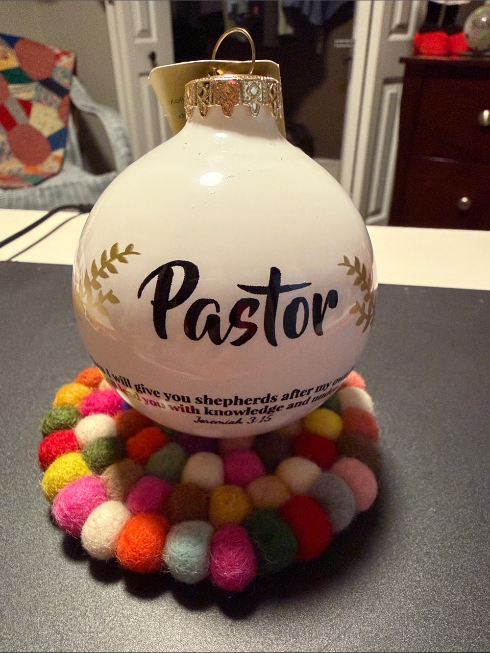 White 'Pastor' Christmas Ornament - Decorative Holiday Bauble.